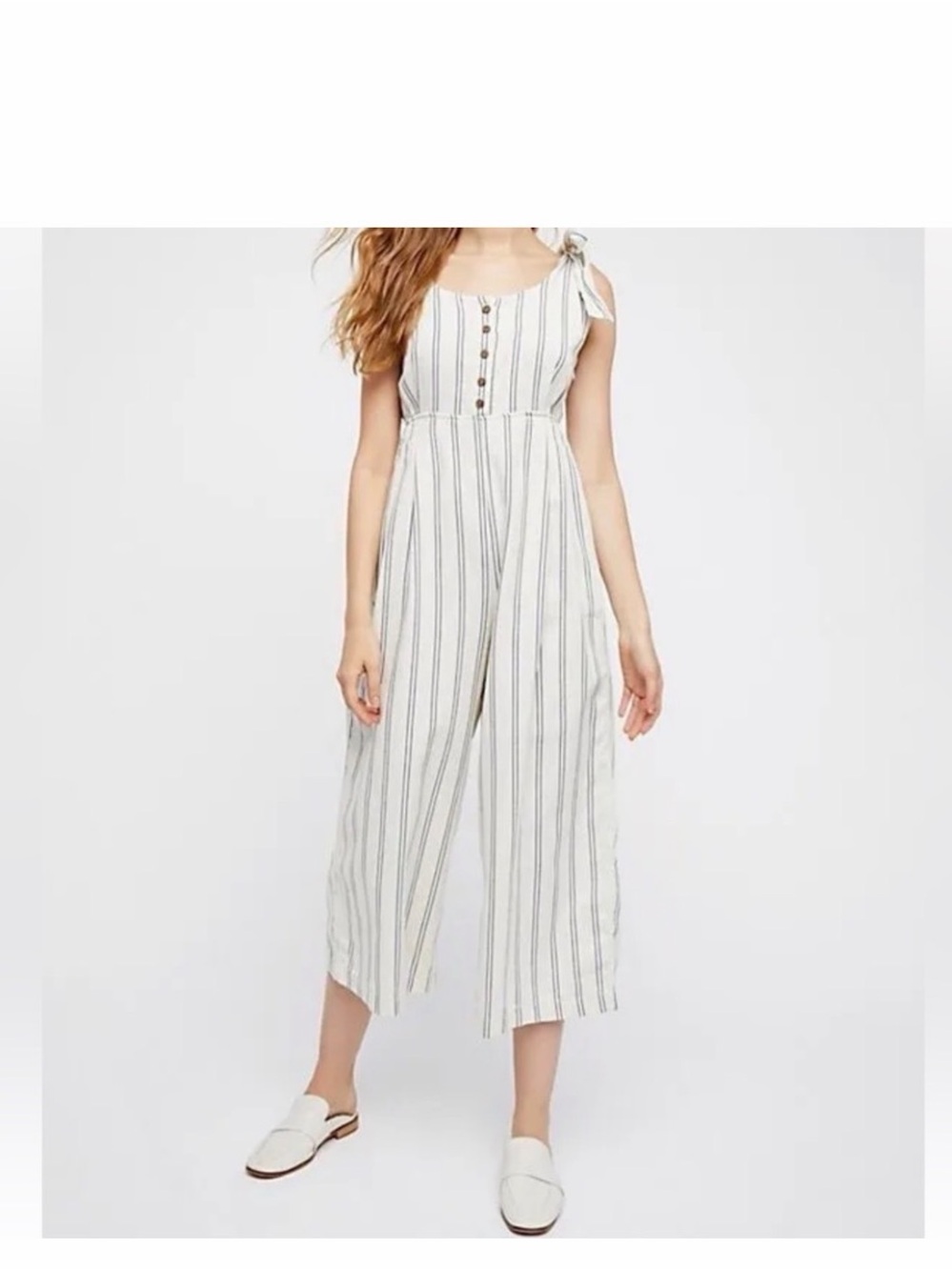 Free People Cream and Black Striped Tie-Shoulder Jumpsuit